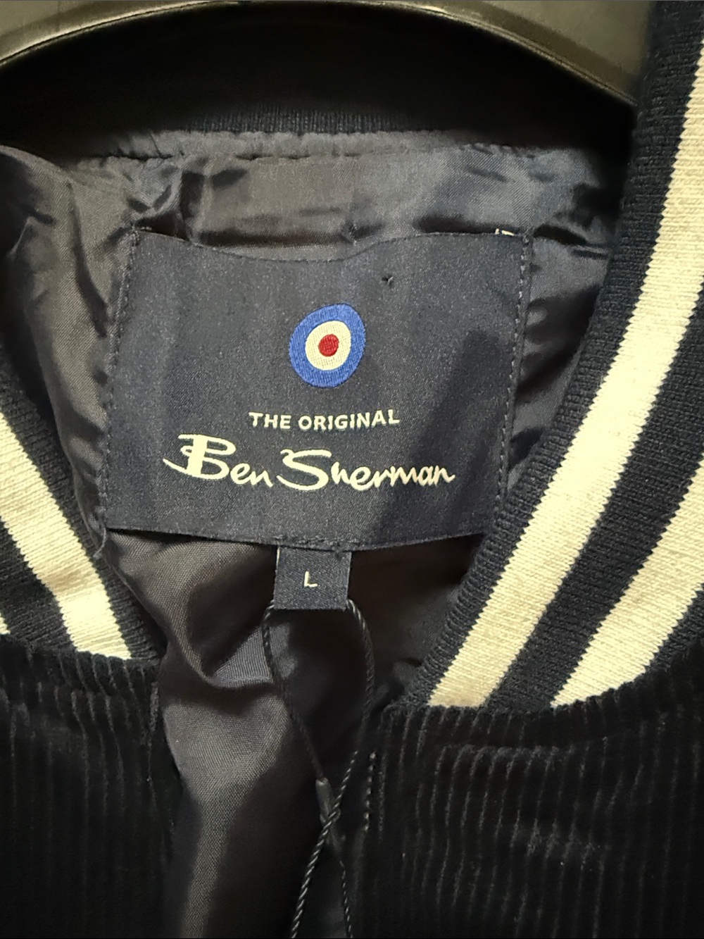 Ben Sherman Navy Corduroy Bomber Jacket with White Stripe Trim - Picture 3 of 3